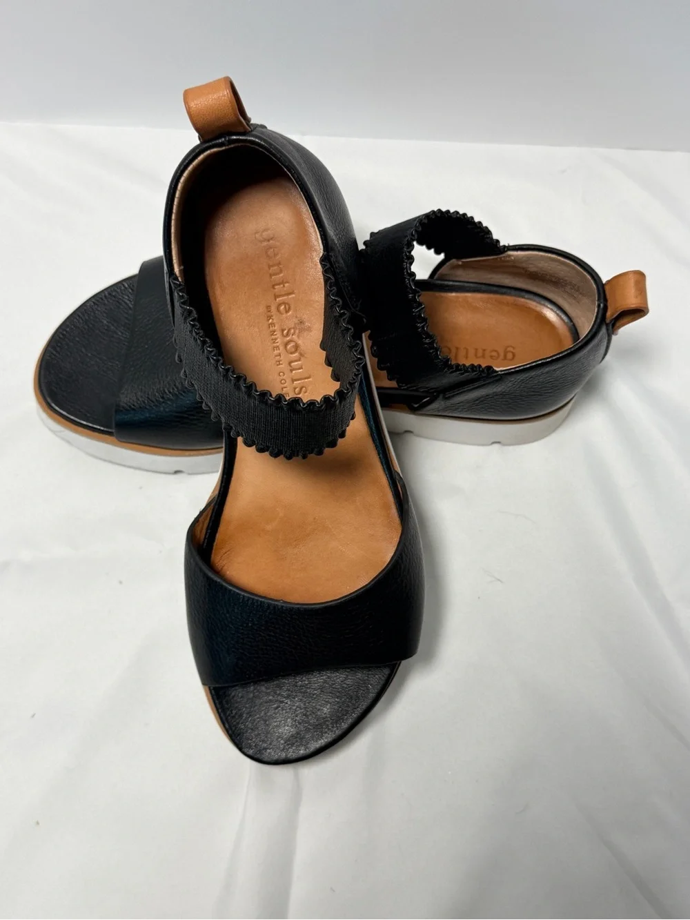 gentle souls Black Leather Platform Sandals with Tan Insole
